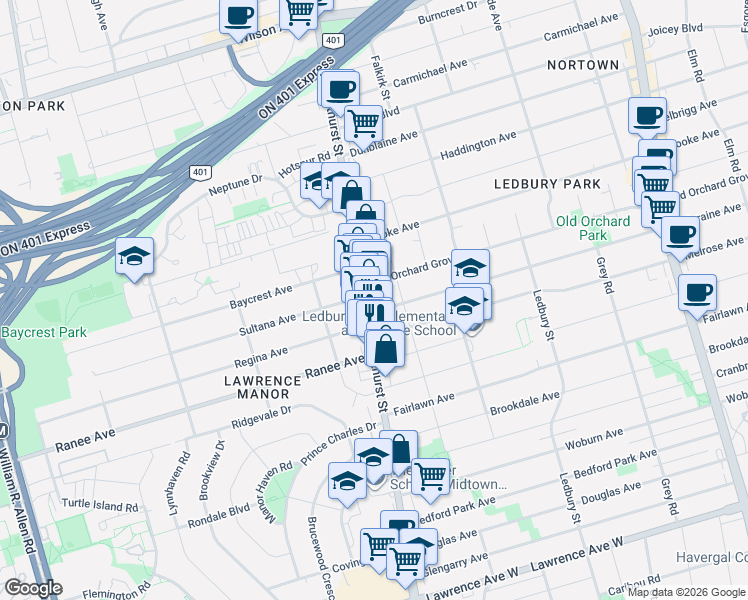 map of restaurants, bars, coffee shops, grocery stores, and more near 3459 Bathurst Street in Toronto