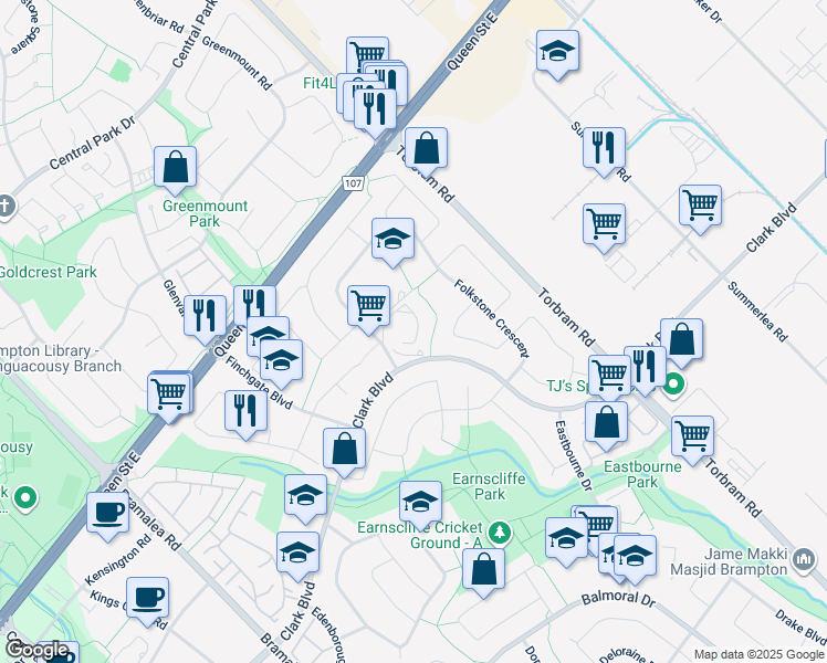 map of restaurants, bars, coffee shops, grocery stores, and more near 804 Clark Boulevard in Brampton