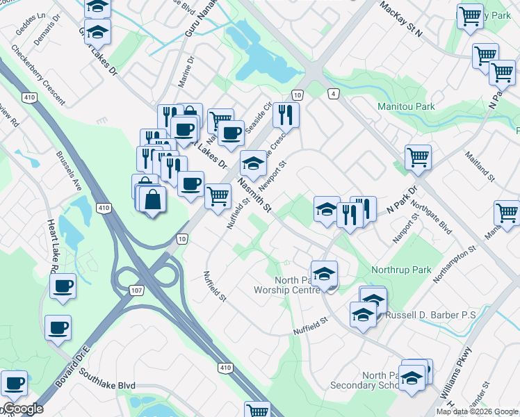map of restaurants, bars, coffee shops, grocery stores, and more near 51 Nasmith Street in Brampton
