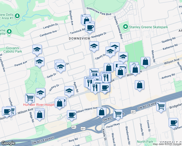map of restaurants, bars, coffee shops, grocery stores, and more near 2800 Keele Street in Toronto
