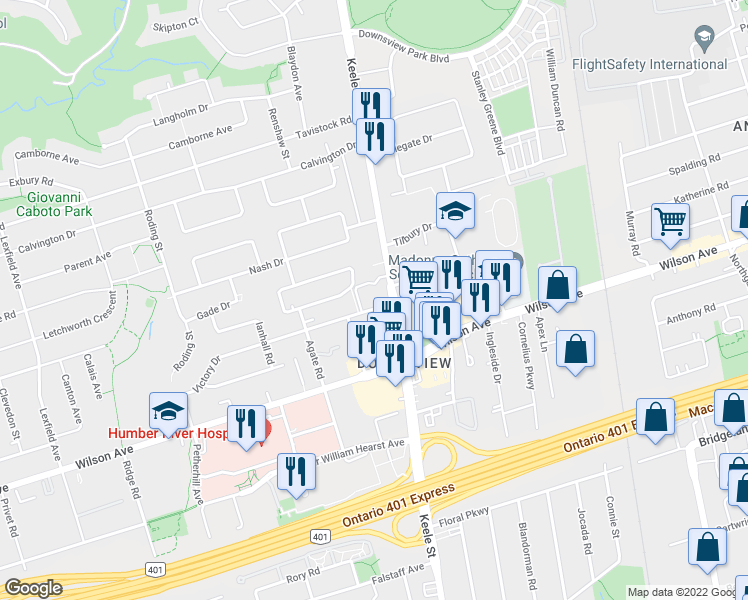 map of restaurants, bars, coffee shops, grocery stores, and more near 2800 Keele Street in Toronto