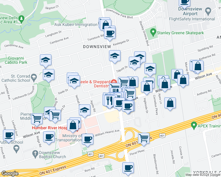 map of restaurants, bars, coffee shops, grocery stores, and more near 2788 Keele Street in Toronto