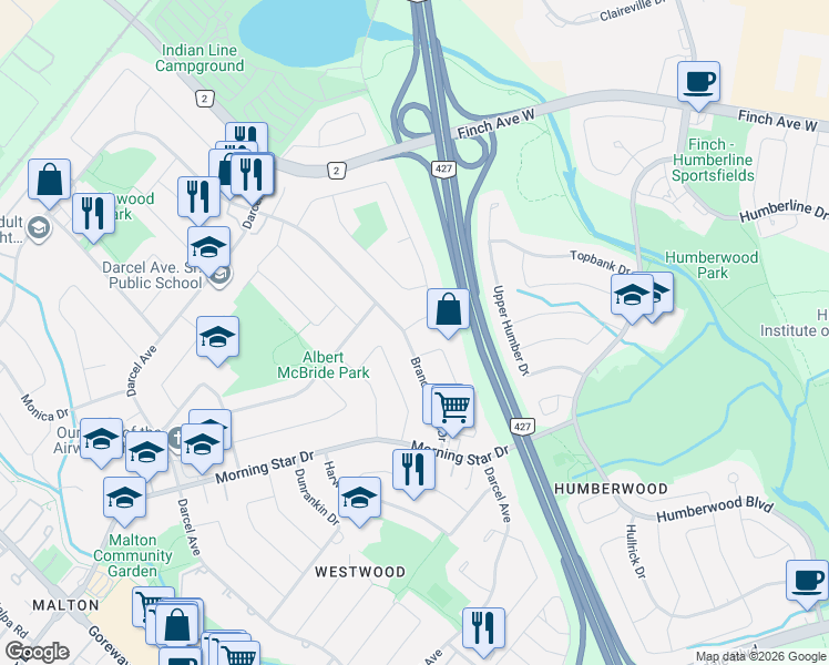 map of restaurants, bars, coffee shops, grocery stores, and more near 7201 Sigsbee Drive in Mississauga