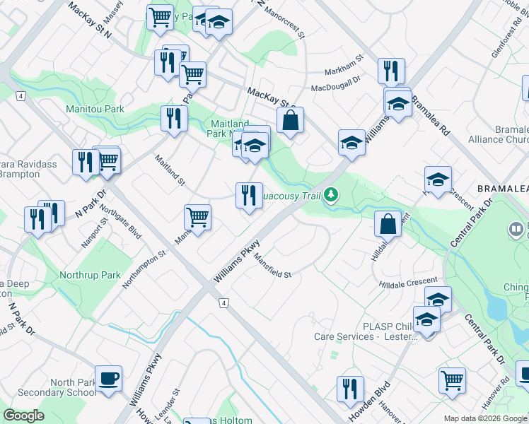 map of restaurants, bars, coffee shops, grocery stores, and more near Montjoy Crescent in Brampton