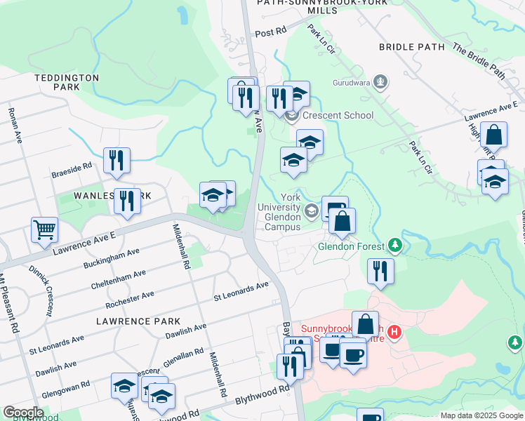 map of restaurants, bars, coffee shops, grocery stores, and more near 2 Chedington Place in Toronto
