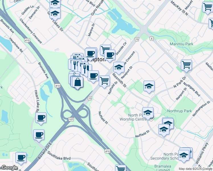 map of restaurants, bars, coffee shops, grocery stores, and more near in Brampton