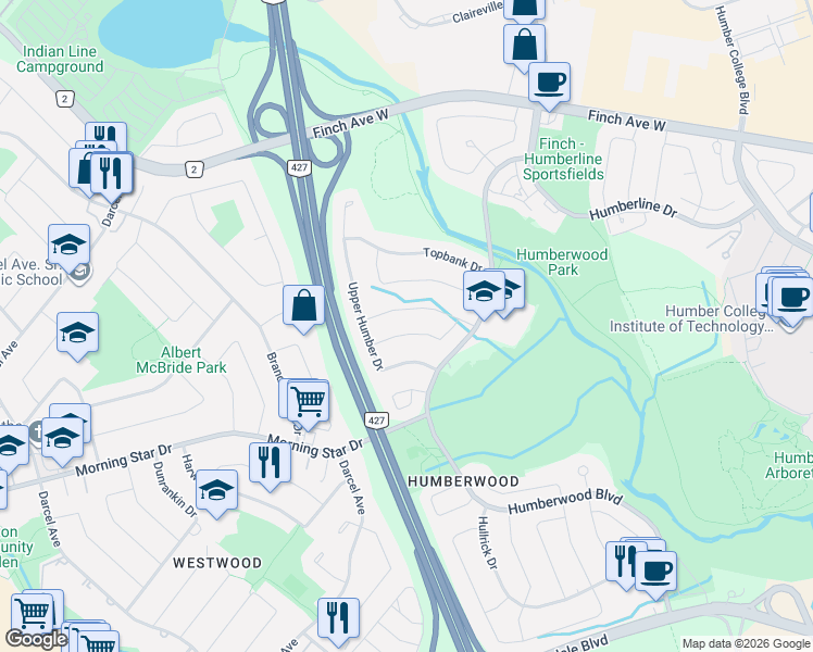 map of restaurants, bars, coffee shops, grocery stores, and more near 24 Arborview Crescent in Toronto
