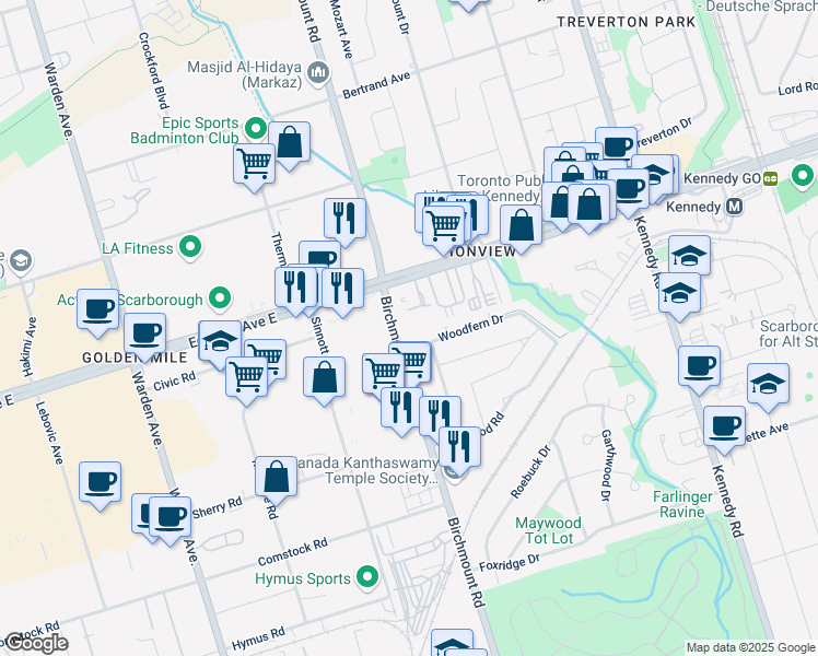 map of restaurants, bars, coffee shops, grocery stores, and more near 821 Birchmount Road in Toronto