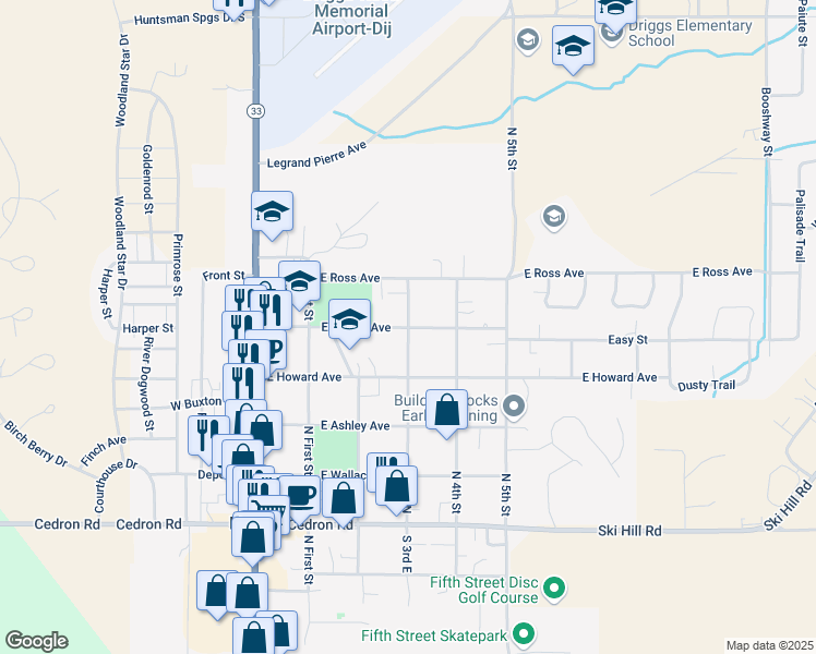 map of restaurants, bars, coffee shops, grocery stores, and more near 411 North 3rd Street in Driggs