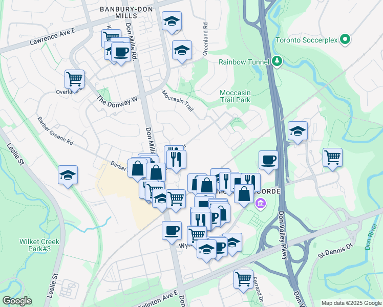 map of restaurants, bars, coffee shops, grocery stores, and more near 19 Green Belt Drive in Toronto