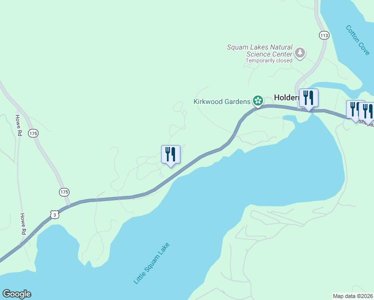 map of restaurants, bars, coffee shops, grocery stores, and more near 16 Ledges Road in Holderness