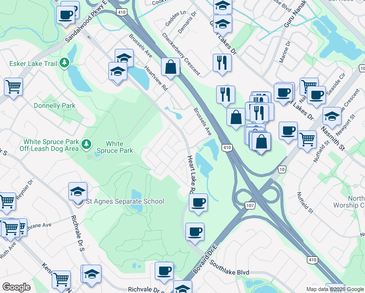 map of restaurants, bars, coffee shops, grocery stores, and more near 4 Sprucewood Road in Brampton