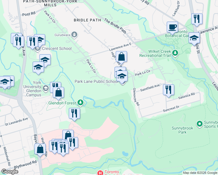 map of restaurants, bars, coffee shops, grocery stores, and more near 47 Park Lane Circle in Toronto