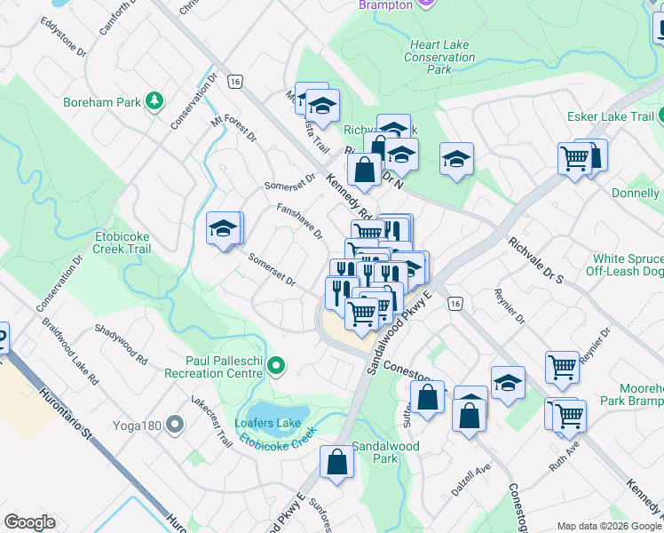 map of restaurants, bars, coffee shops, grocery stores, and more near 32 Fanshawe Drive in Brampton
