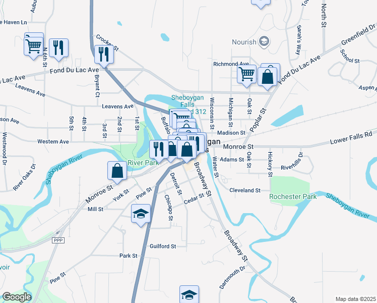 map of restaurants, bars, coffee shops, grocery stores, and more near 700 Monroe Street in Sheboygan Falls