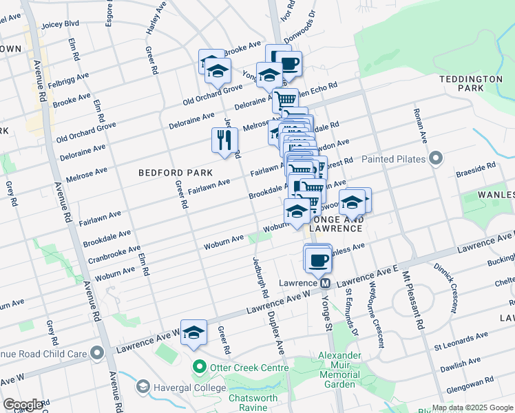 map of restaurants, bars, coffee shops, grocery stores, and more near in Toronto