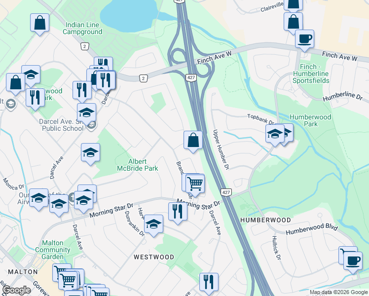 map of restaurants, bars, coffee shops, grocery stores, and more near 7221 Sigsbee Drive in Mississauga