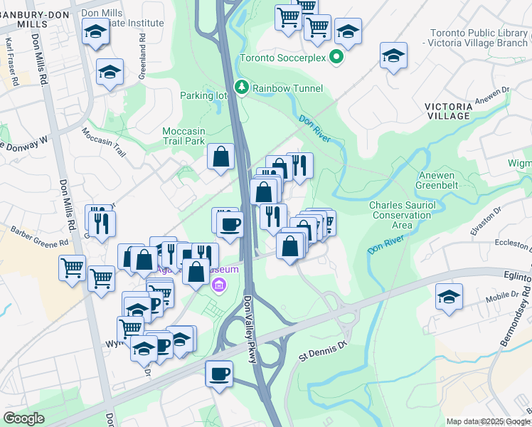 map of restaurants, bars, coffee shops, grocery stores, and more near 10 Concorde Place in Toronto