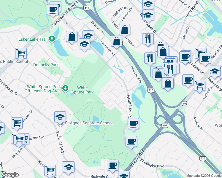 map of restaurants, bars, coffee shops, grocery stores, and more near 18 Tollgate Street in Brampton