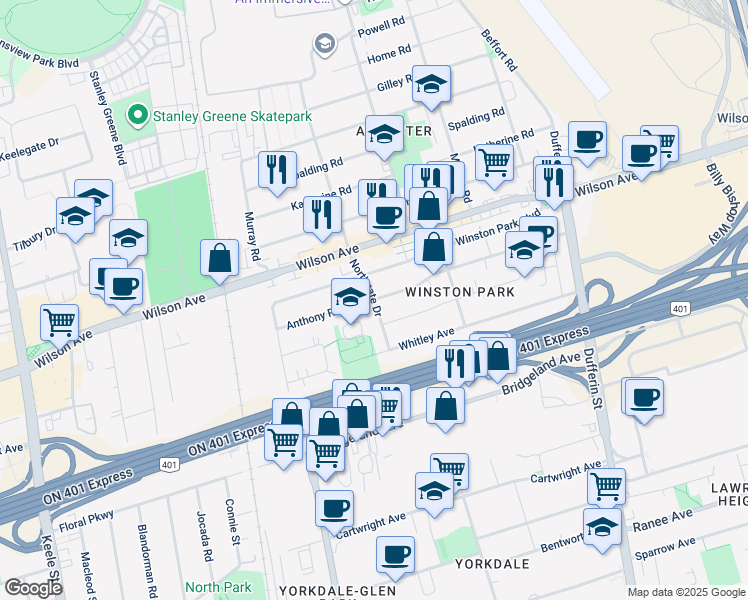 map of restaurants, bars, coffee shops, grocery stores, and more near Northgate Drive in Toronto