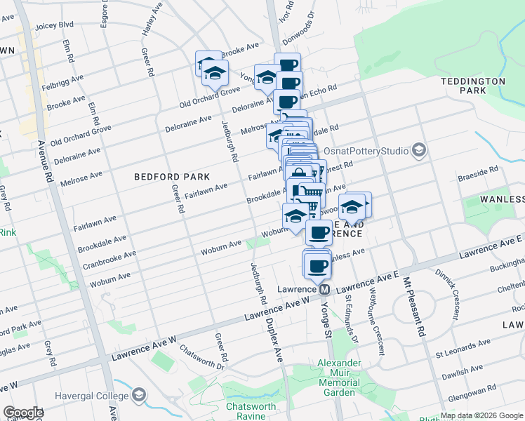 map of restaurants, bars, coffee shops, grocery stores, and more near 70 Cranbrooke Avenue in Toronto