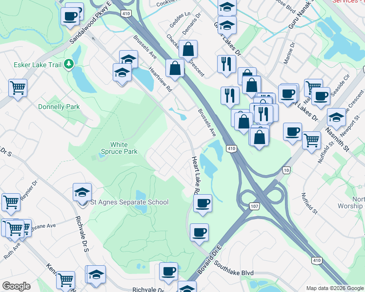 map of restaurants, bars, coffee shops, grocery stores, and more near 9 Rabbit Run Way in Brampton