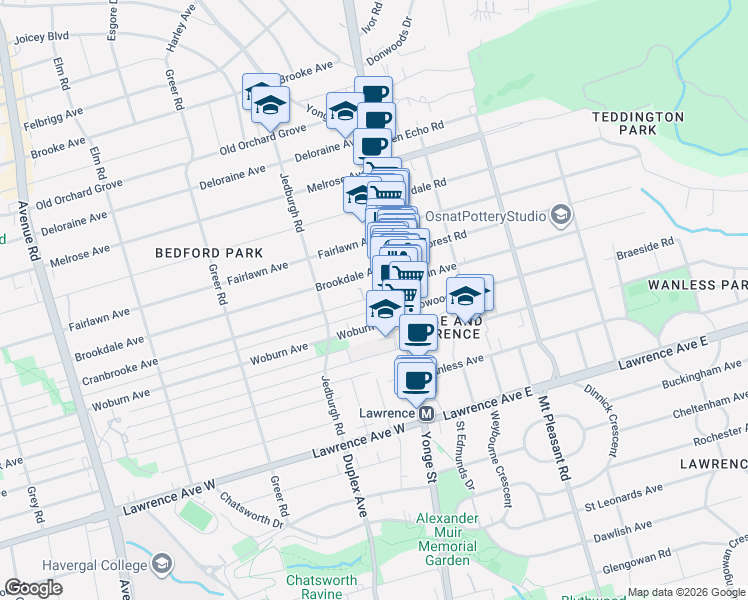 map of restaurants, bars, coffee shops, grocery stores, and more near 27 Cranbrooke Avenue in Toronto