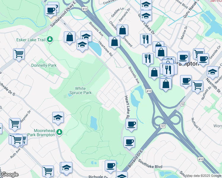 map of restaurants, bars, coffee shops, grocery stores, and more near Tollgate Street in Brampton