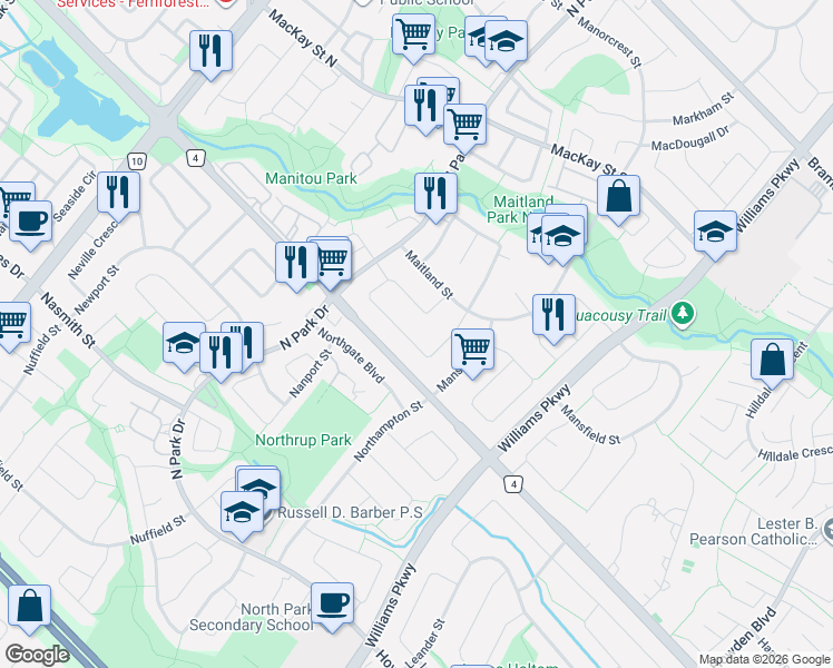 map of restaurants, bars, coffee shops, grocery stores, and more near 4 Malcolm Crescent in Brampton