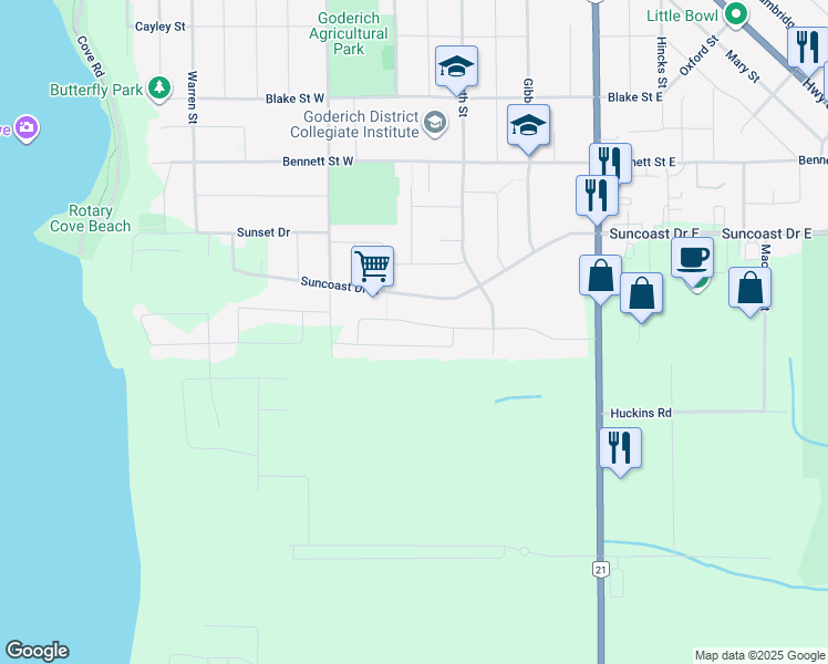 map of restaurants, bars, coffee shops, grocery stores, and more near 39 Balvina Drive West in Goderich
