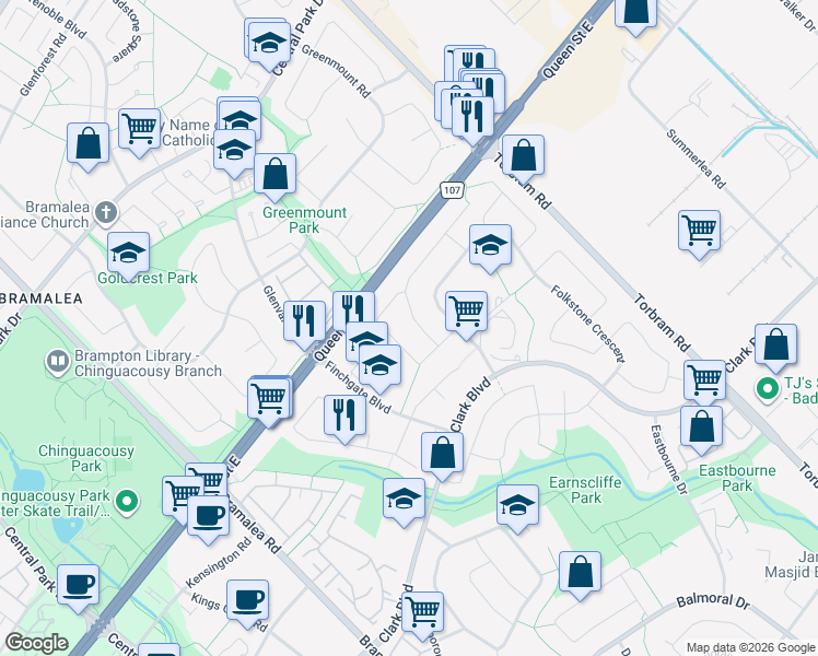 map of restaurants, bars, coffee shops, grocery stores, and more near 19 Flamingo Crescent in Brampton