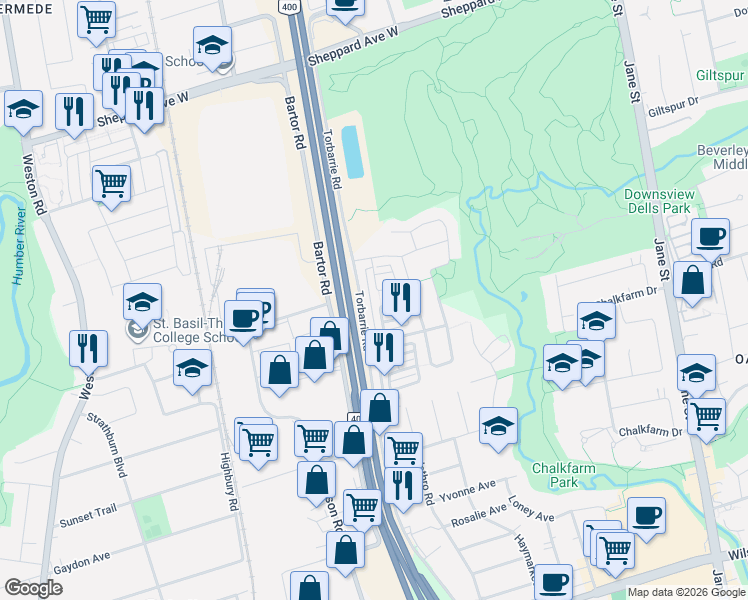 map of restaurants, bars, coffee shops, grocery stores, and more near 46 Odoardo Disanto Circle in Toronto