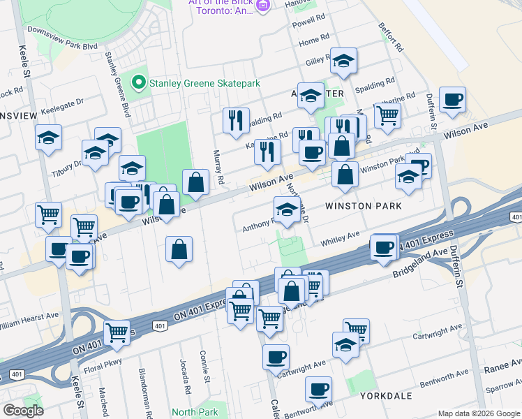 map of restaurants, bars, coffee shops, grocery stores, and more near 105 Winston Park Boulevard in Toronto