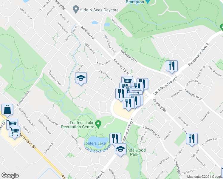 map of restaurants, bars, coffee shops, grocery stores, and more near 27 Fanshawe Drive in Brampton