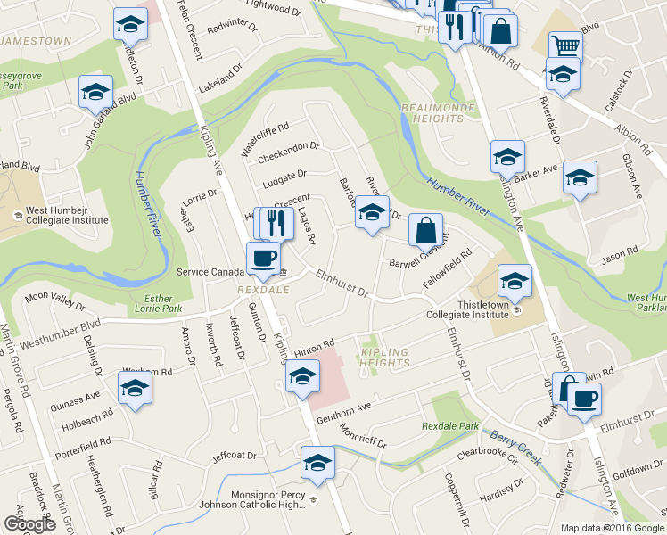 map of restaurants, bars, coffee shops, grocery stores, and more near 5 Henley Crescent in Toronto