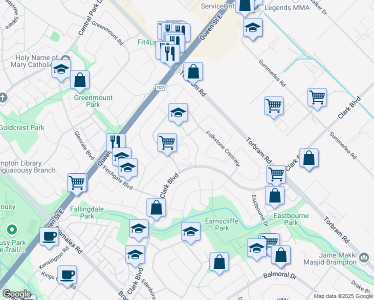 map of restaurants, bars, coffee shops, grocery stores, and more near 182 Folkstone Crescent in Brampton