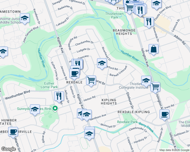 map of restaurants, bars, coffee shops, grocery stores, and more near 5 Henley Crescent in Toronto