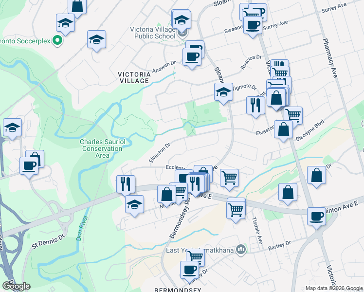 map of restaurants, bars, coffee shops, grocery stores, and more near 49 Halkin Crescent in Toronto