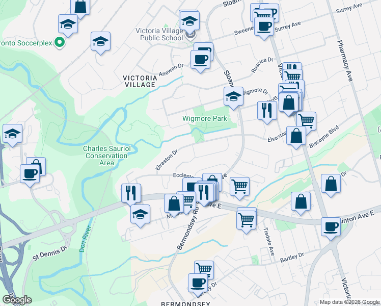 map of restaurants, bars, coffee shops, grocery stores, and more near 49 Halkin Crescent in Toronto