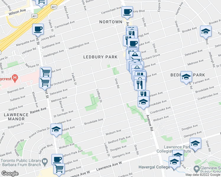 map of restaurants, bars, coffee shops, grocery stores, and more near 443 Melrose Avenue in Toronto