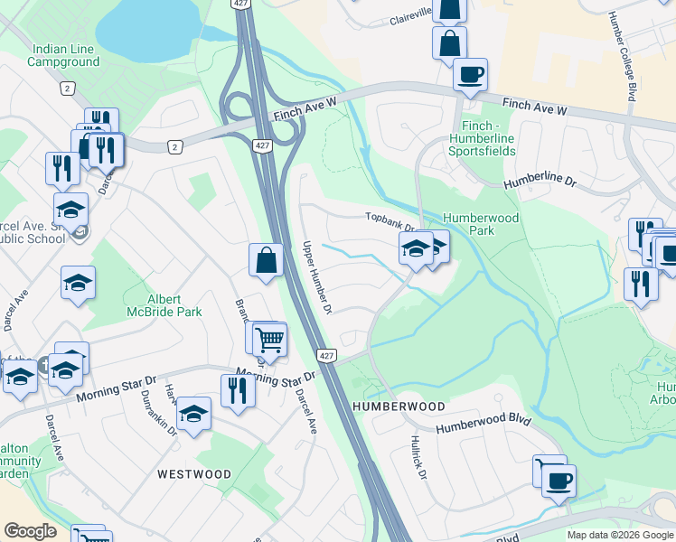 map of restaurants, bars, coffee shops, grocery stores, and more near 33 Pinecone Drive in Toronto