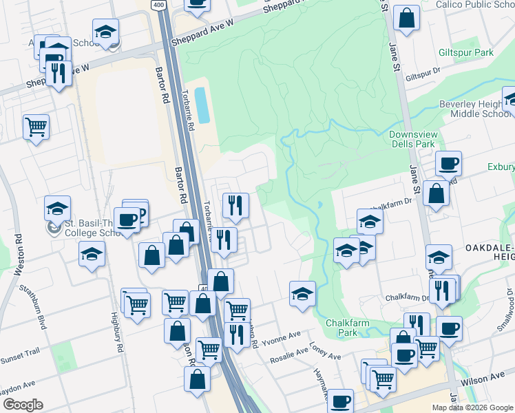 map of restaurants, bars, coffee shops, grocery stores, and more near 84 Fred Young Drive in Toronto