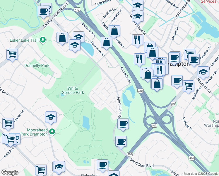 map of restaurants, bars, coffee shops, grocery stores, and more near Rabbit Run Way in Brampton