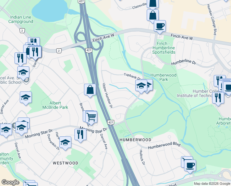 map of restaurants, bars, coffee shops, grocery stores, and more near 31 Pinecone Drive in Toronto