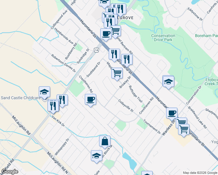 map of restaurants, bars, coffee shops, grocery stores, and more near 24 National Crescent in Brampton