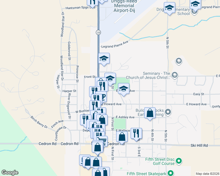 map of restaurants, bars, coffee shops, grocery stores, and more near 510 North First Street in Driggs
