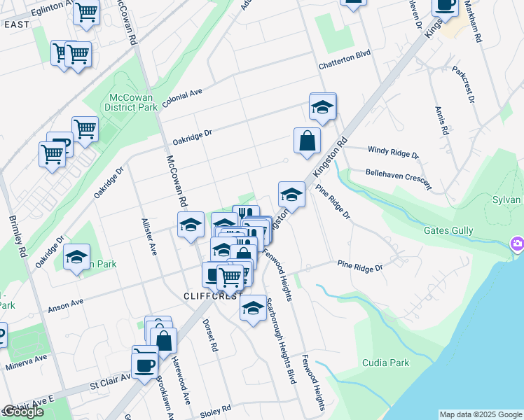 map of restaurants, bars, coffee shops, grocery stores, and more near 25 Rockwood Drive in Toronto