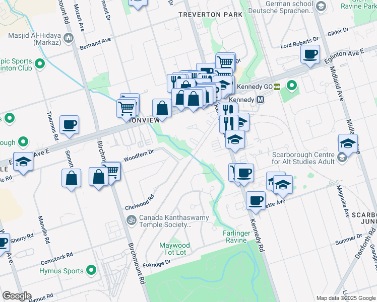 map of restaurants, bars, coffee shops, grocery stores, and more near 740 Kennedy Road in Toronto