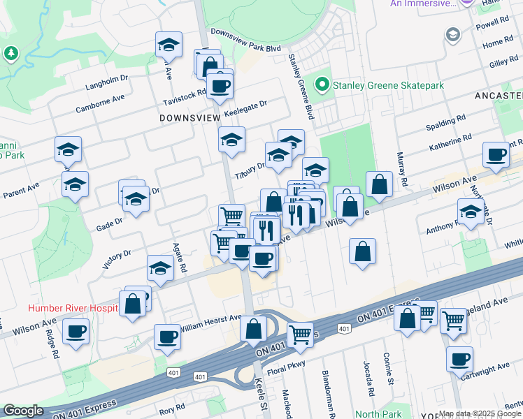 map of restaurants, bars, coffee shops, grocery stores, and more near in Toronto