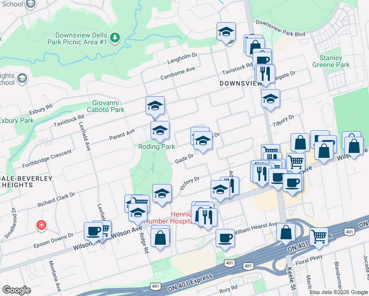 map of restaurants, bars, coffee shops, grocery stores, and more near 81 Nash Drive in Toronto